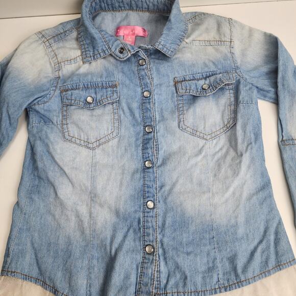 Say What? Denim Lace Chambray Button Up Top Shirt Girl's Size Small 7/8 - Picture 2 of 6